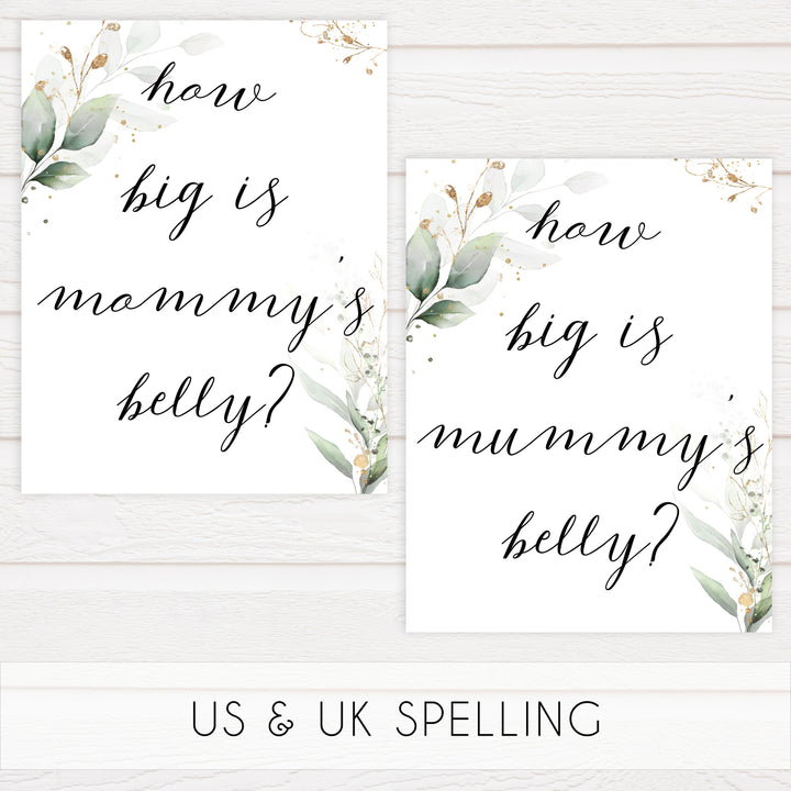 Gold green leaf baby games, how big is mommys belly, printable baby games, fun baby games, top baby games to play, gold leaf baby shower, greenery baby shower ideas