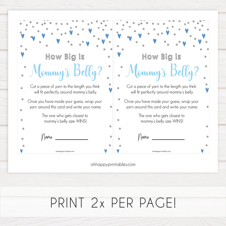 How big is mommys belly, Printable baby shower games, small blue hearts fun baby games, baby shower games, fun baby shower ideas, top baby shower ideas, silver baby shower, blue hearts baby shower ideas
