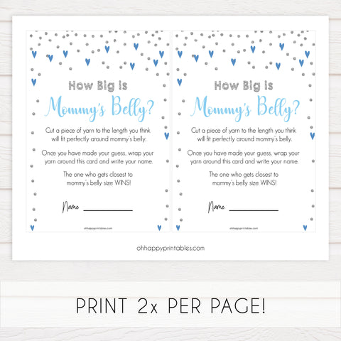 How big is mommys belly, Printable baby shower games, small blue hearts fun baby games, baby shower games, fun baby shower ideas, top baby shower ideas, silver baby shower, blue hearts baby shower ideas