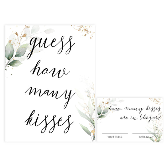 guess the kisses in the jar, Printable bridal shower games, greenery bridal shower, gold leaf bridal shower games, fun bridal shower games, bridal shower game ideas, greenery bridal shower