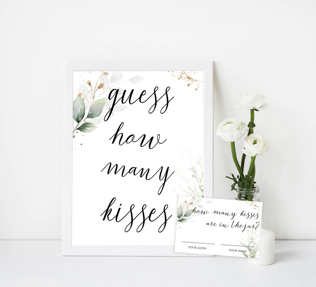 guess the kisses in the jar, Printable bridal shower games, greenery bridal shower, gold leaf bridal shower games, fun bridal shower games, bridal shower game ideas, greenery bridal shower