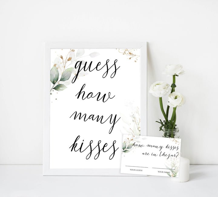 guess the kisses in the jar, Printable bridal shower games, greenery bridal shower, gold leaf bridal shower games, fun bridal shower games, bridal shower game ideas, greenery bridal shower