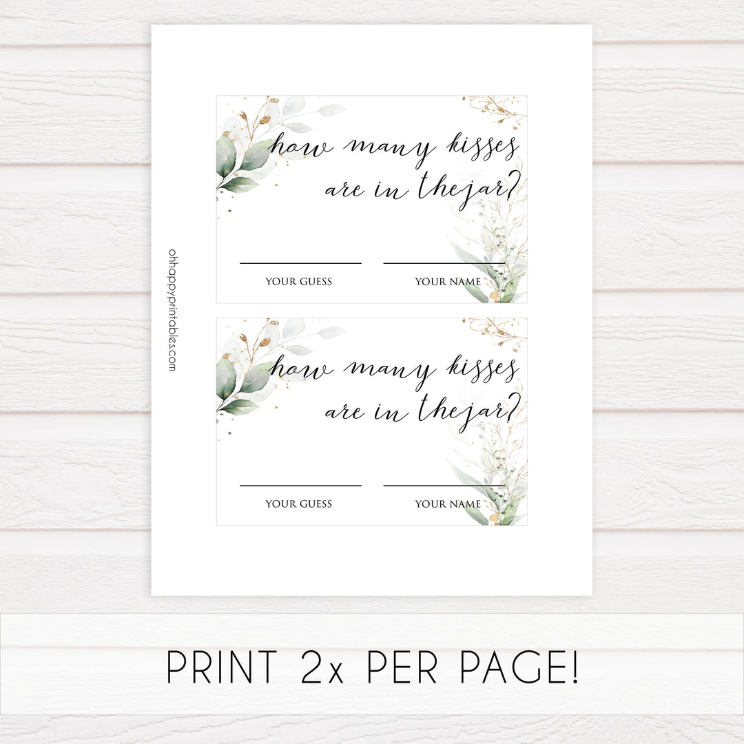 guess the kisses in the jar, Printable bridal shower games, greenery bridal shower, gold leaf bridal shower games, fun bridal shower games, bridal shower game ideas, greenery bridal shower
