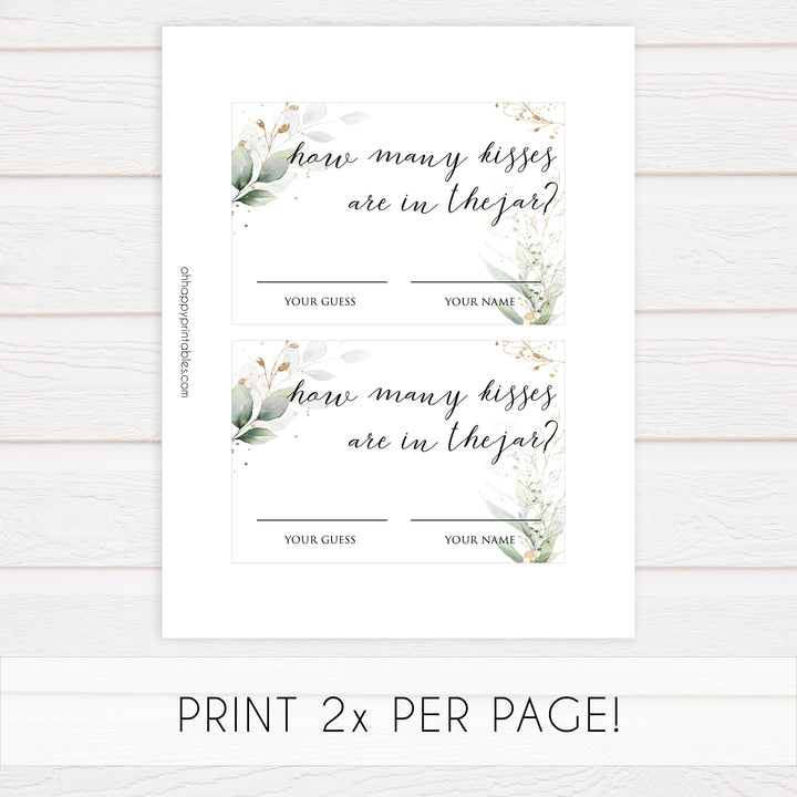guess the kisses in the jar, Printable bridal shower games, greenery bridal shower, gold leaf bridal shower games, fun bridal shower games, bridal shower game ideas, greenery bridal shower