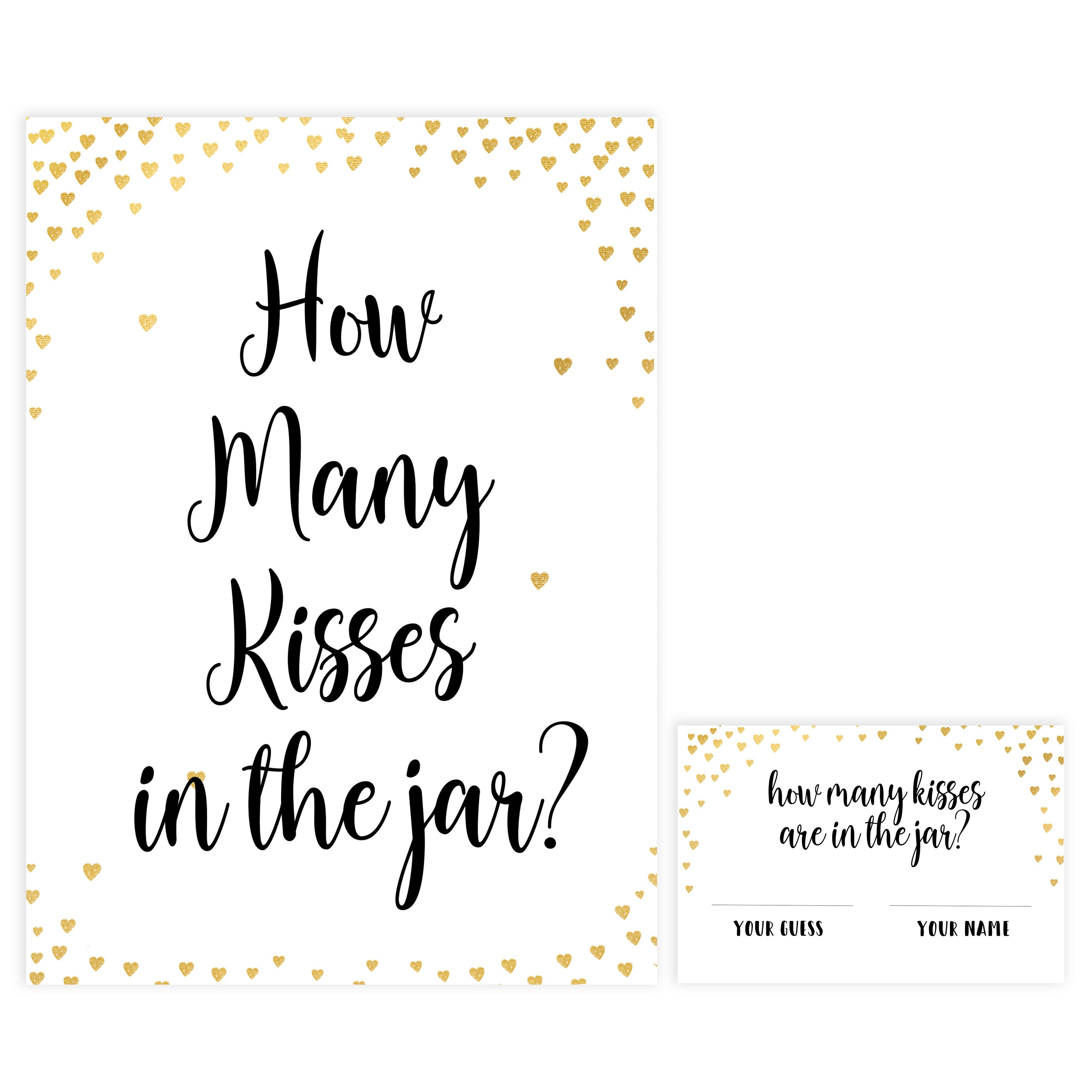 Gold hearts bridal shower games, how many kiss in a jar, printable bridal games, gold bridal games, gold hearts bridal games, fun bridal games, top bridal games, best bridal games