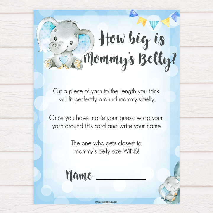 Blue elephant baby games, how big is mommys belly, elephant baby games, printable baby games, top baby games, best baby shower games, baby shower ideas, fun baby games, elephant baby shower