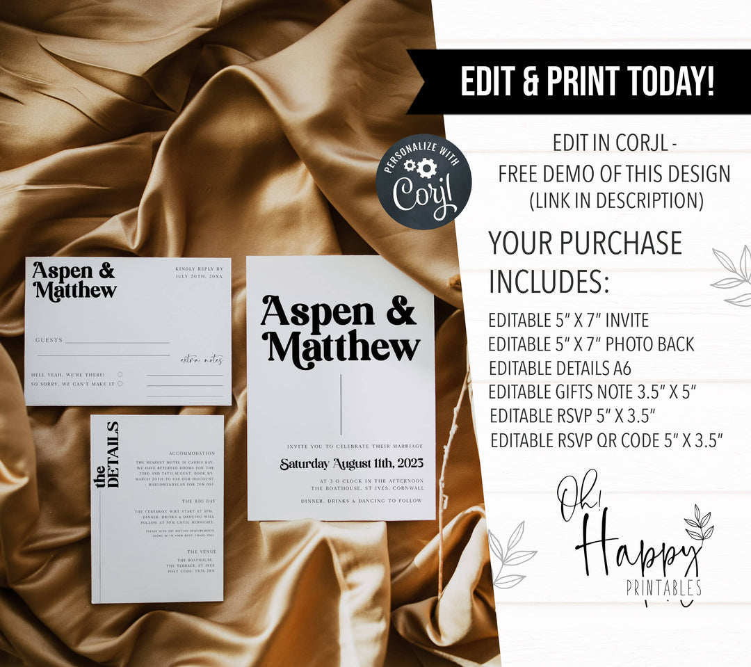 70s Style wedding invitation suite, editable wedding stationery, printable wedding stationery, modern wedding items, wedding save the dates