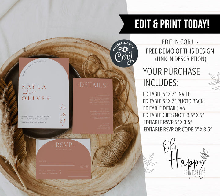 modern wedding invitation suite, editable wedding stationery, printable wedding stationery, modern wedding items, wedding save the dates