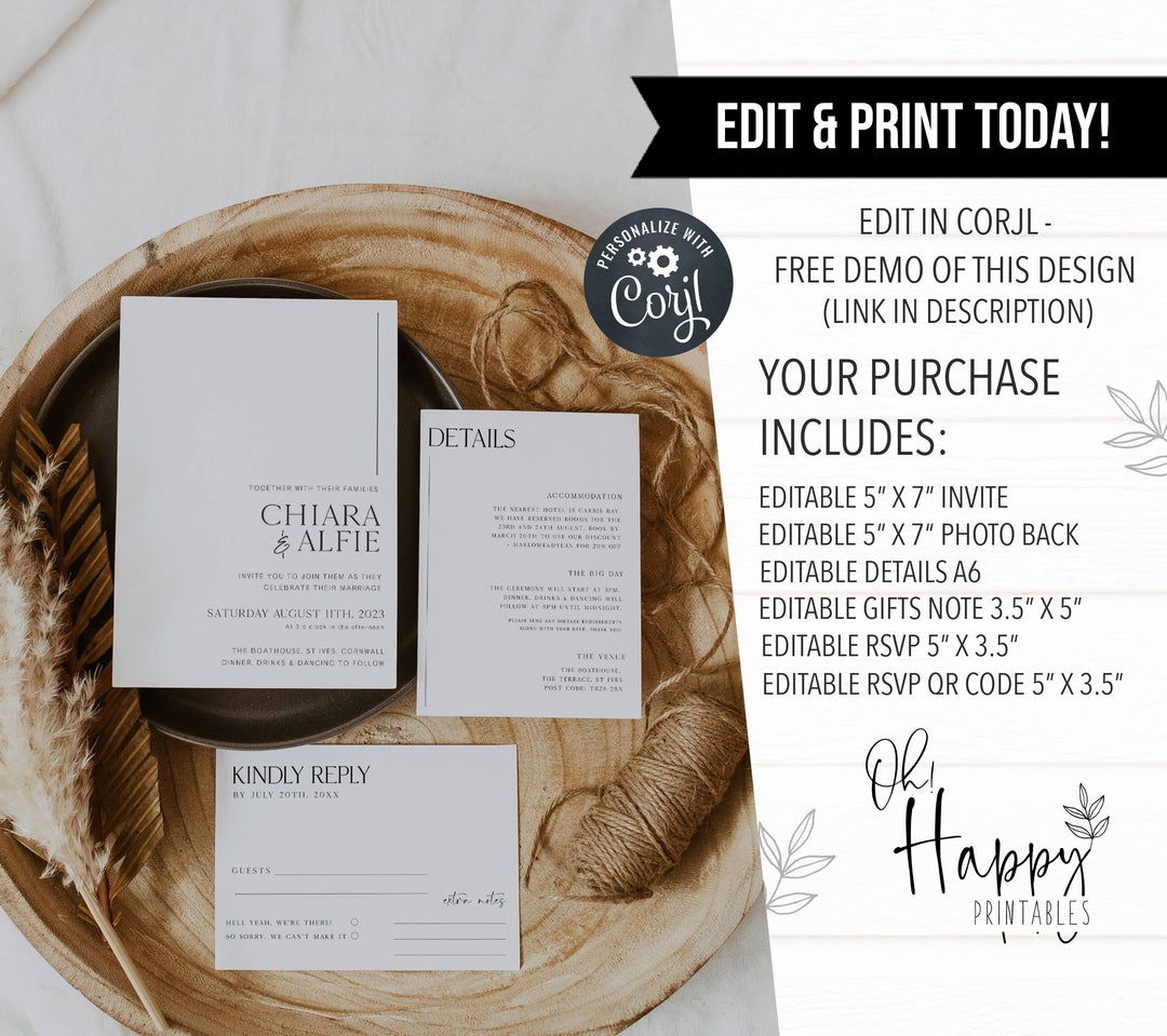 wedding invitation bundle, modern wedding invitation suite, editable wedding stationery, printable wedding stationery, modern wedding items, wedding save the dates