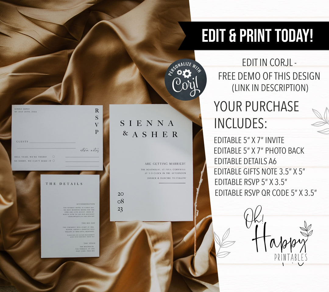 editable wedding invitation suite, editable wedding stationery, printable wedding stationery, modern wedding items, wedding save the dates