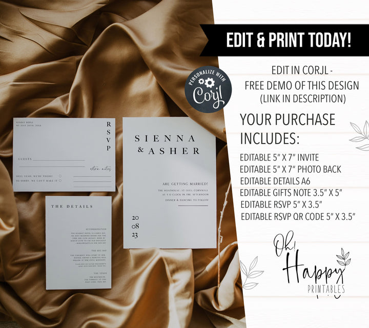 editable wedding invitation suite, editable wedding stationery, printable wedding stationery, modern wedding items, wedding save the dates