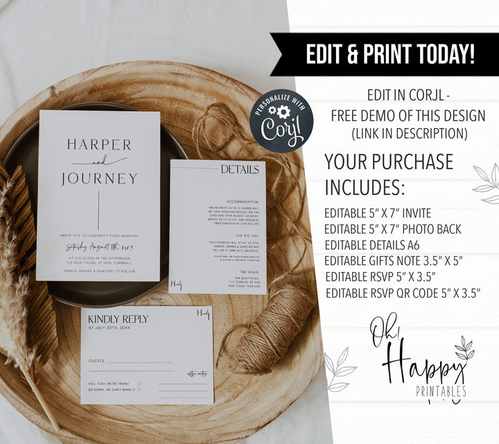 editable wedding invitation set, printable wedding invitation set, Simple modern wedding invitation suite, editable wedding stationery, printable wedding stationery, modern wedding items, wedding save the dates