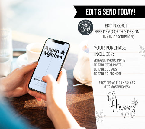 mobile wedding invitations, cell phone wedding invitation, 70s Style wedding invitation suite, editable wedding stationery, printable wedding stationery, modern wedding items, wedding save the dates