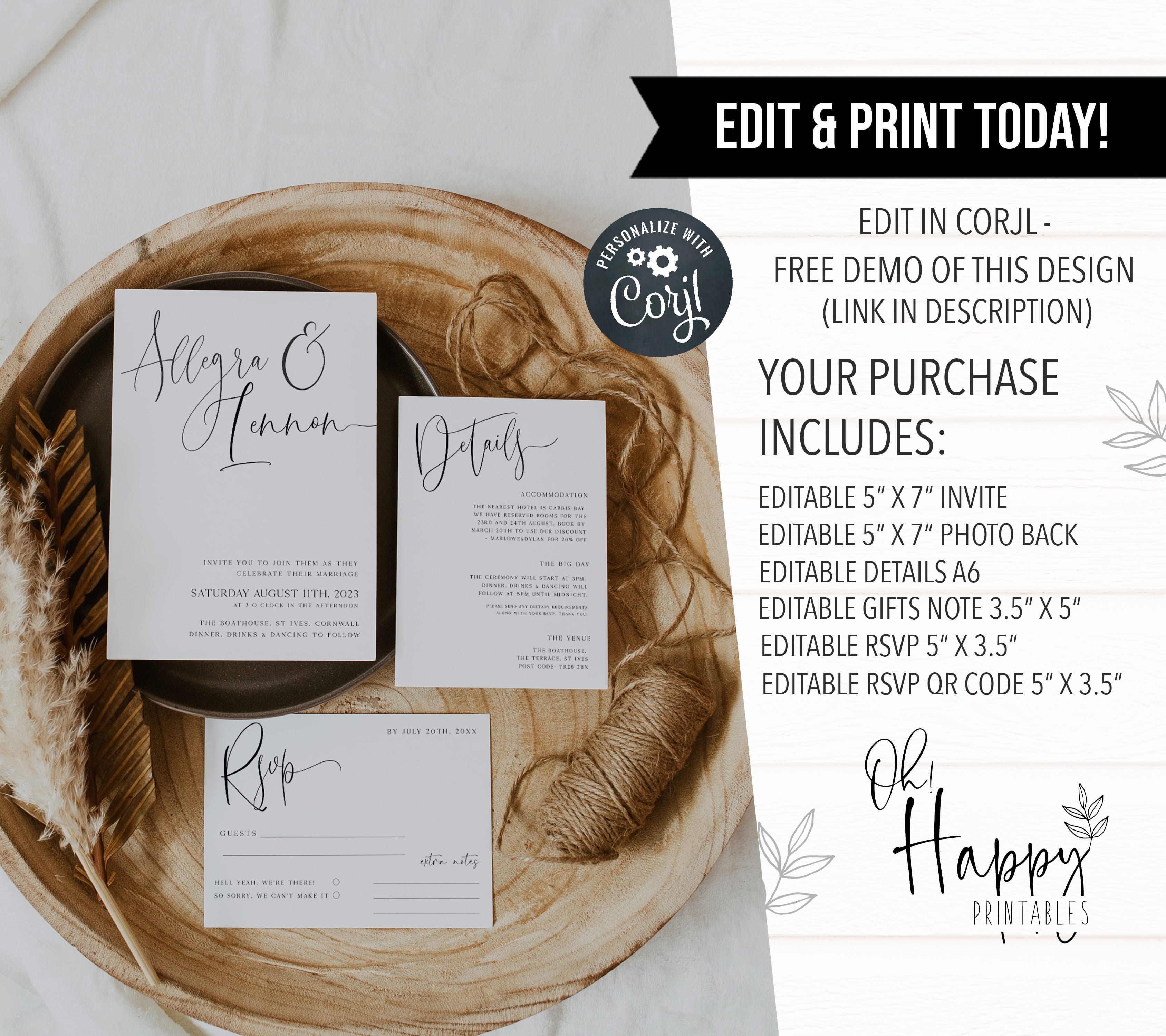 CALLIGRAPHY editable wedding invitation suite, editable wedding stationery, printable wedding stationery, modern wedding items, wedding save the dates