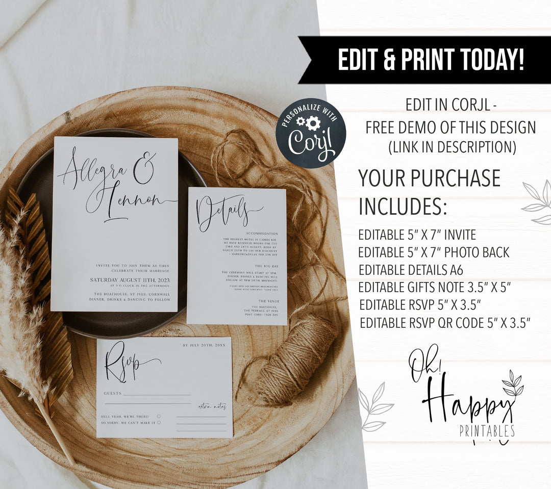 CALLIGRAPHY editable wedding invitation suite, editable wedding stationery, printable wedding stationery, modern wedding items, wedding save the dates