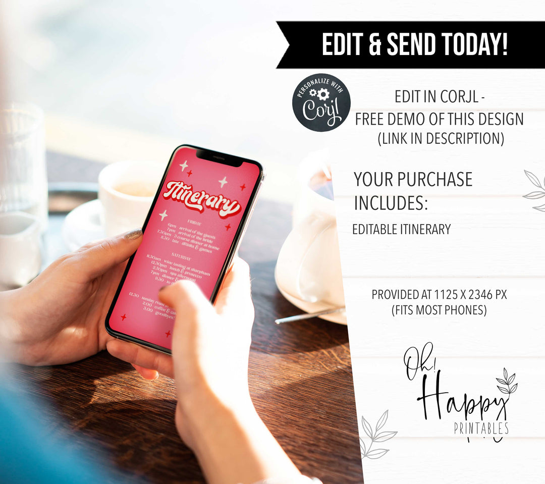 editable bridal shower invitation in a 70s style. Easy to edit and download and ready to send to friends via WhatsApp, Facebook, or SMS