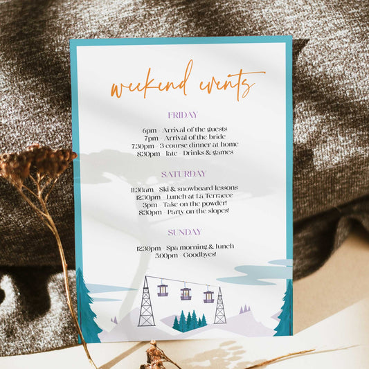 Fully editable and printable bachelorette weekend invitation  with a ski slopes design. Perfect for a aspen ski slopes bachelorette themed party