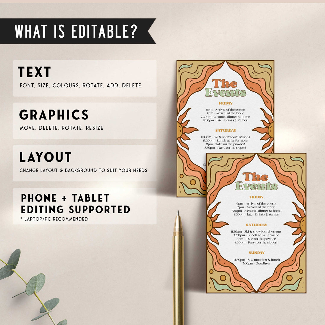 60s Gypsy Boho-inspired editable bridal shower itinerary is the perfect way to add a touch of free-spirited charm to your special day