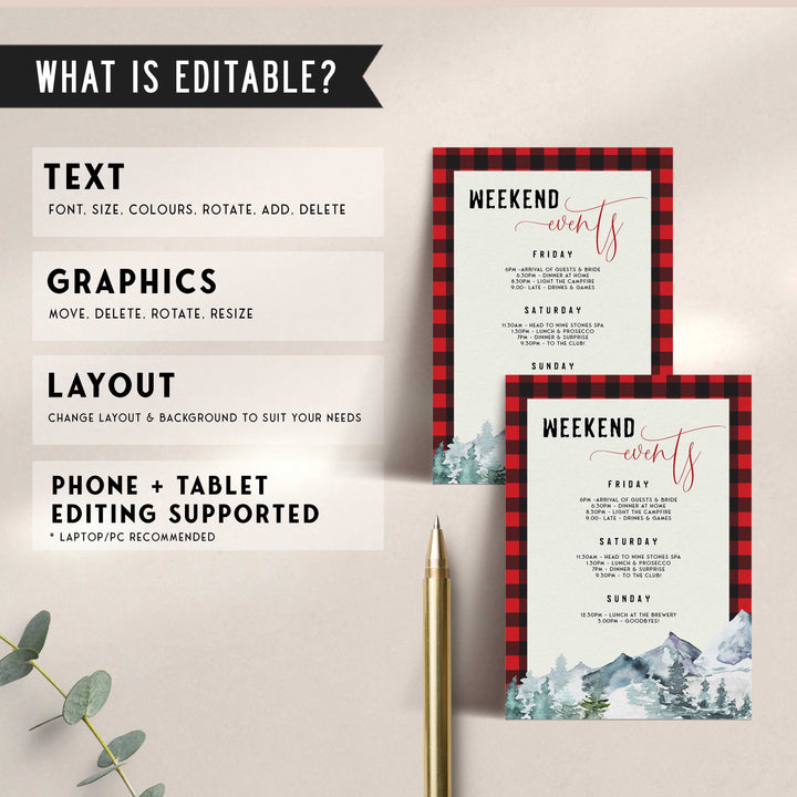 Fully editable and printable bachelorette invitation with a flannel design. Perfect for a woodland flannel Bachelorette themed party