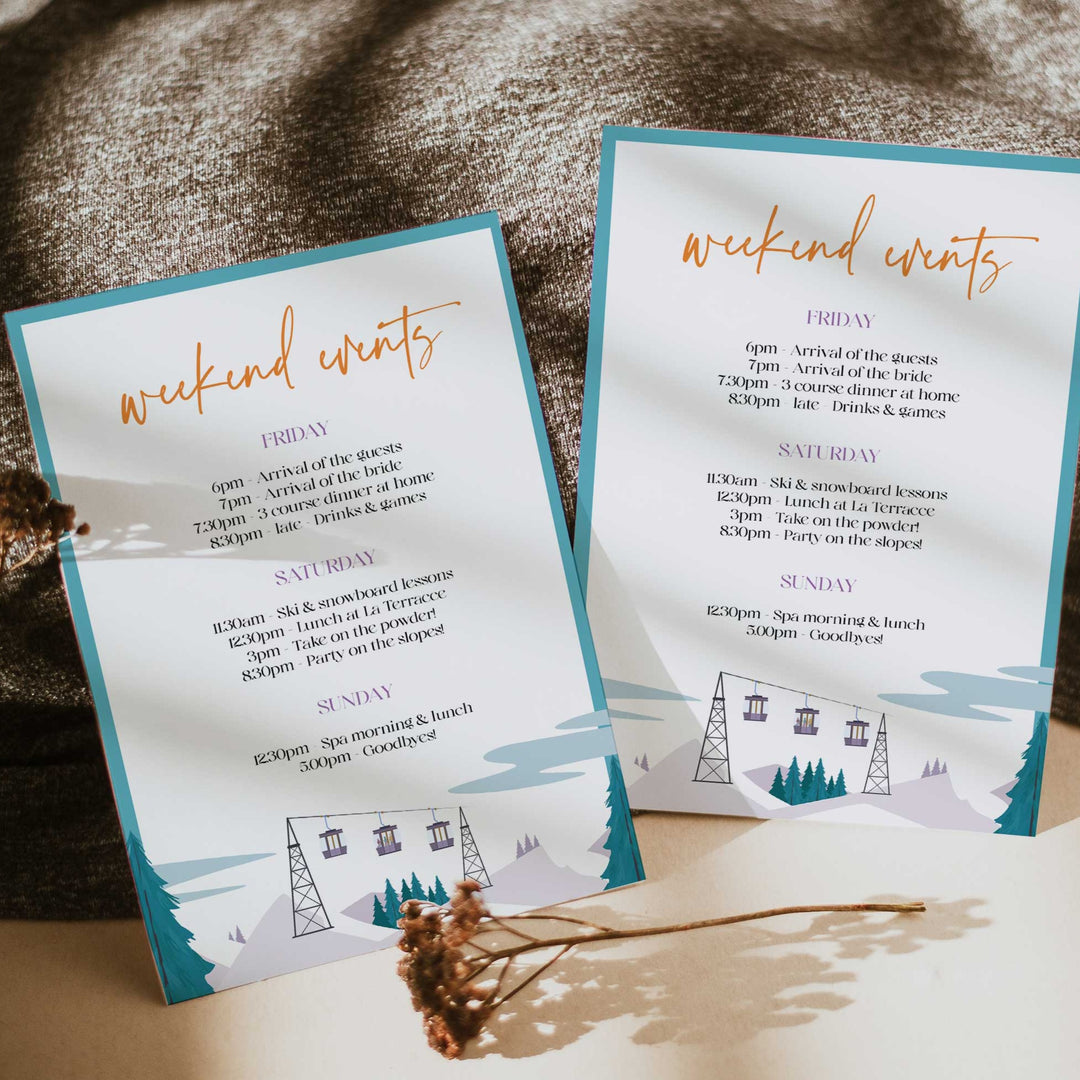 Fully editable and printable bachelorette weekend invitation  with a ski slopes design. Perfect for a aspen ski slopes bachelorette themed party