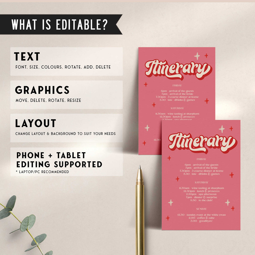 editable 70s style bridal shower itinerary. Fully editable and printable at home or print with a print company