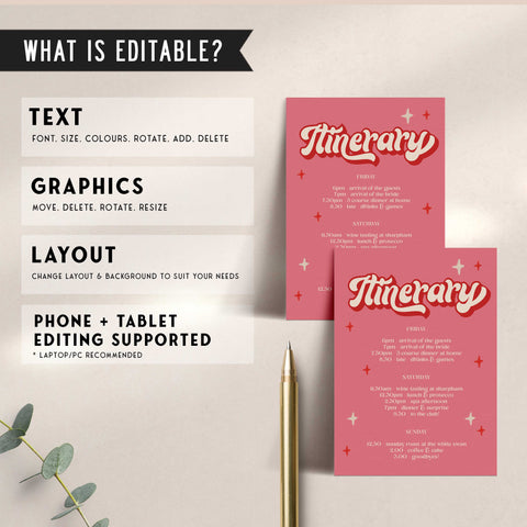 editable 70s style bridal shower itinerary. Fully editable and printable at home or print with a print company
