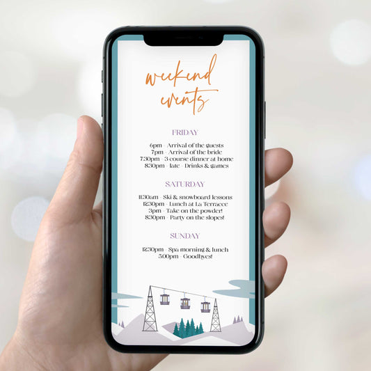 Fully editable mobile bachelorette weekend invitation  with a ski slopes design. Perfect for a aspen ski slopes bachelorette themed party