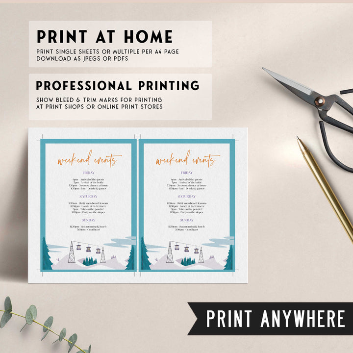 Fully editable and printable bachelorette weekend invitation  with a ski slopes design. Perfect for a aspen ski slopes bachelorette themed party