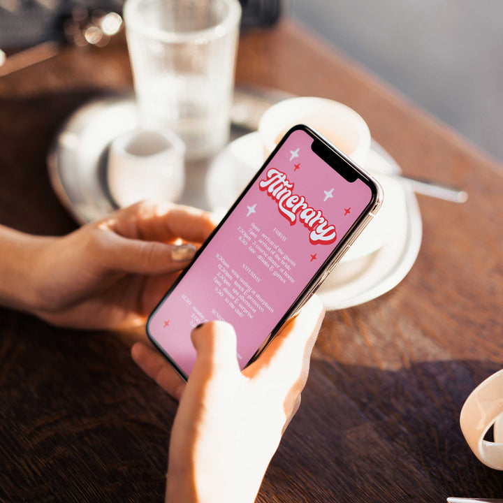 editable bridal shower invitation in a 70s style. Easy to edit and download and ready to send to friends via WhatsApp, Facebook, or SMS