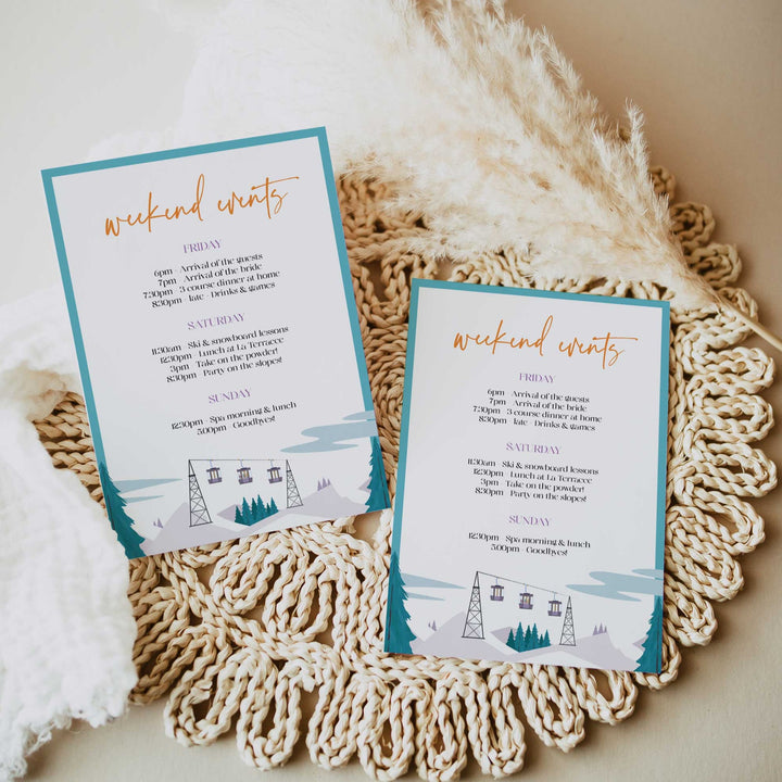 Fully editable and printable bachelorette weekend invitation  with a ski slopes design. Perfect for a aspen ski slopes bachelorette themed party