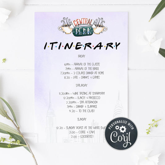 editable friends bridal shower itinerary, printable bridal shower itinerary, friends theme bridal shower, editable itinerary