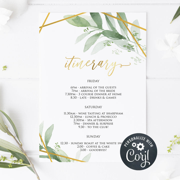 editable bridal shower invitations, printable bachelorette invitations, gold greenery bridal shower invites, greenery bridal shower ideas