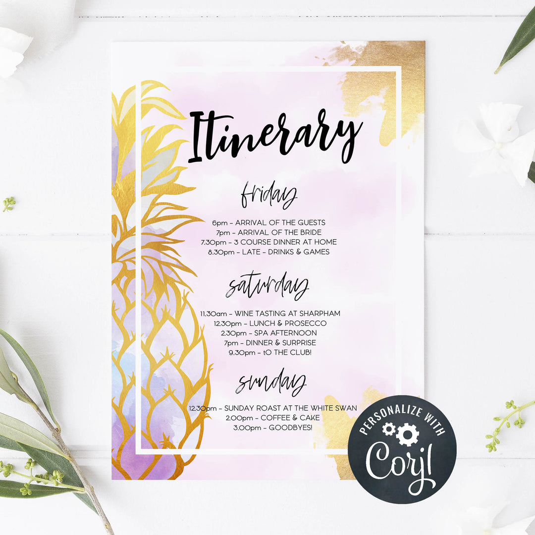 editable aloha itinerary, editable bachelorette itinerary, editable bridal shower itinerary