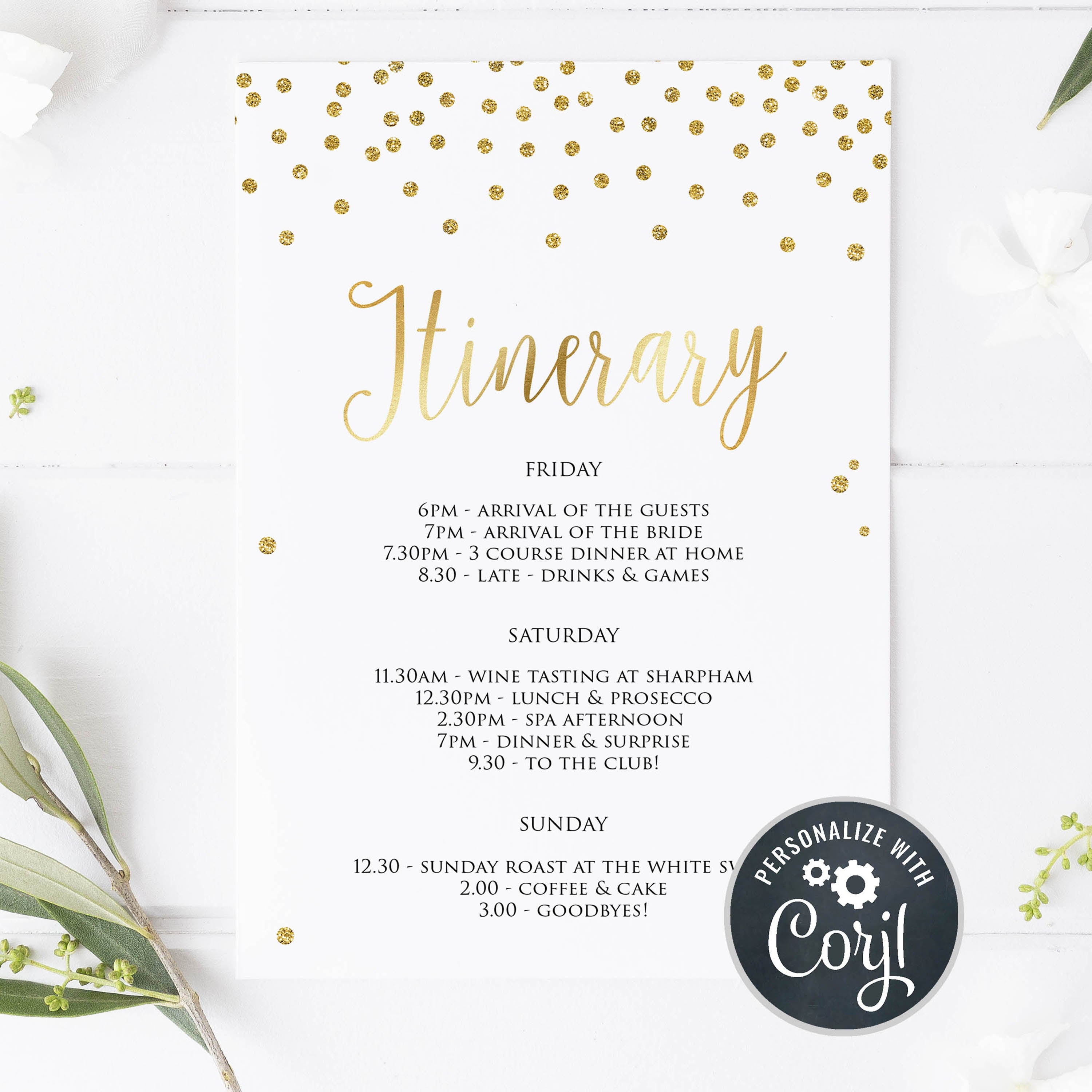 editable bridal shower itinerary, printable bridal shower itinerary, gold bridal shower itinerary, hen party itinerary