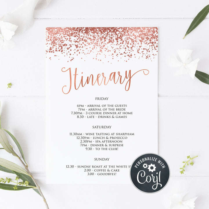 Editable Bridal & Bachelorette Itinerary - Rose Gold Foil