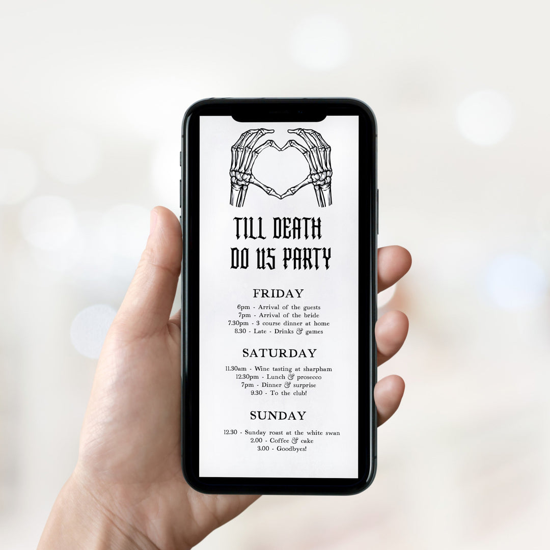 Fully editable bridal and bachelorette itinerary with a gothic design. Perfect for a Bride or Die or Death Us To Party bridal shower themed party