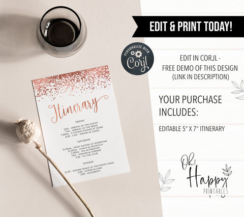 Editable Bridal & Bachelorette Itinerary - Rose Gold Foil