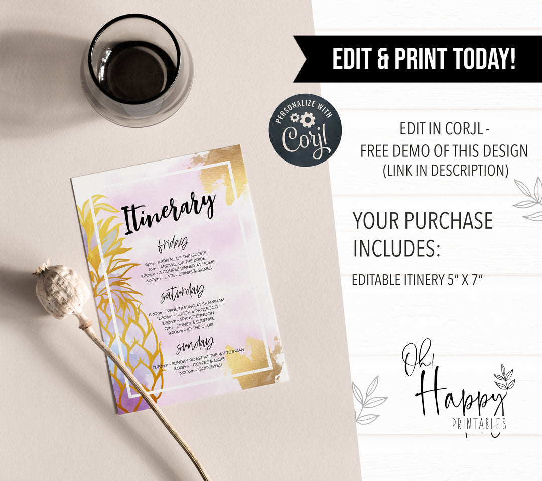 editable aloha itinerary, editable bachelorette itinerary, editable bridal shower itinerary