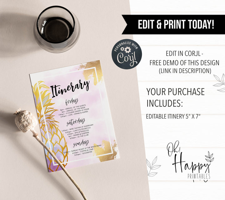 editable aloha itinerary, editable bachelorette itinerary, editable bridal shower itinerary