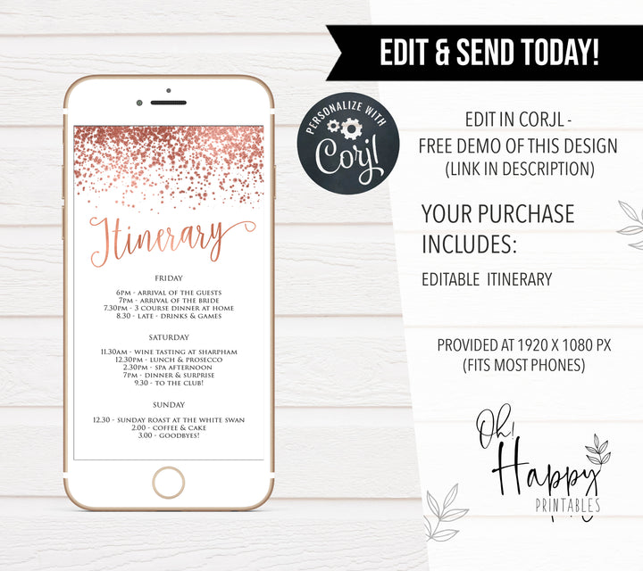 rose gold bridal itinerary, cell phone itinerary, editable bridal itinerary, corjl itinerary