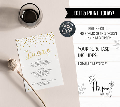 editable bridal shower itinerary, printable bridal shower itinerary, gold bridal shower itinerary, hen party itinerary