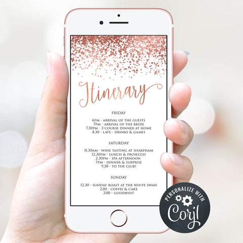rose gold bridal itinerary, cell phone itinerary, editable bridal itinerary, corjl itinerary