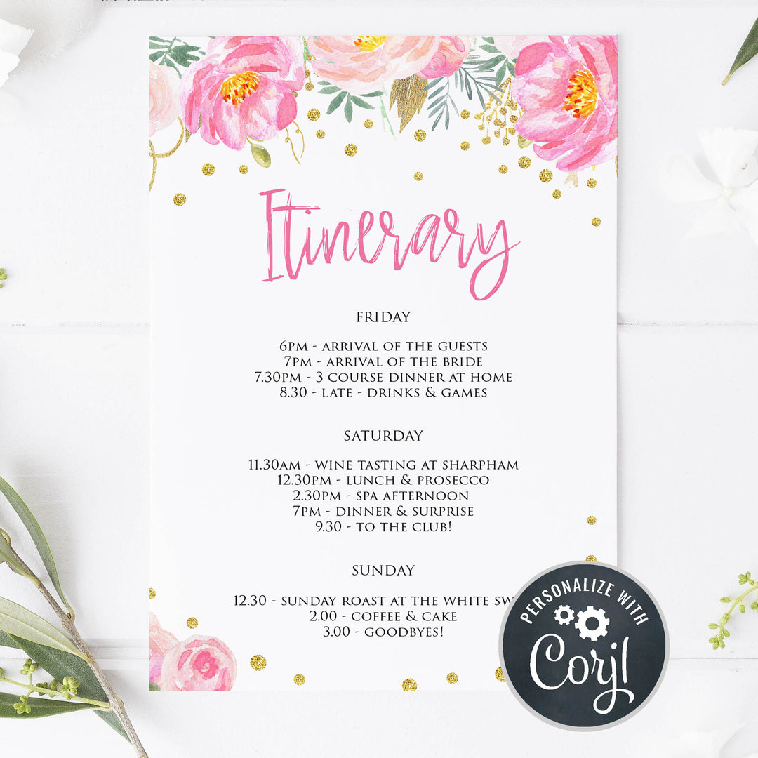 editable itinerary, blush itinerary, blush gold bachelorette invitation, editable bridal shower invitations, corjl invite, bachelorette party invite, floral bridal invite