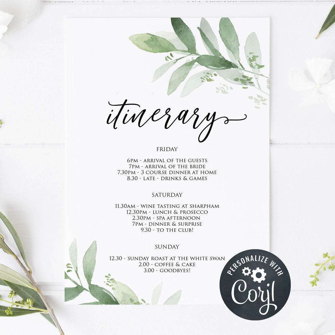 editable bridal shower itinerary, bridal itinerary, greenery bridal shower invite, mobile invites, editable bridal shower invite, corjl bridal invite, bachelorette party invite