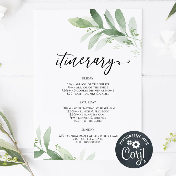editable bridal shower itinerary, bridal itinerary, greenery bridal shower invite, mobile invites, editable bridal shower invite, corjl bridal invite, bachelorette party invite
