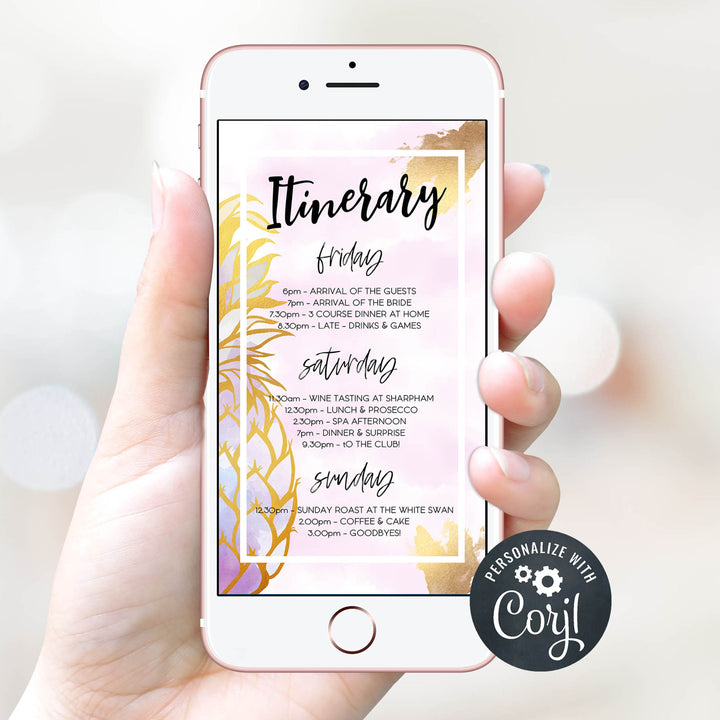 editable bridal shower itinerary, editable bachelorette itinerary, pineapple editable itinerary