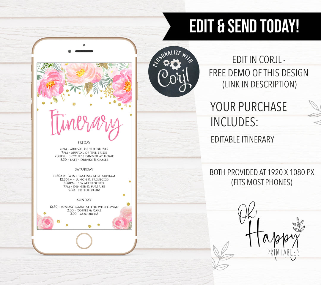 editable itinerary, blush floral bridal shower invitation, mobile bridal shower invitation, editable bridal invite, corjl bridal shower invite