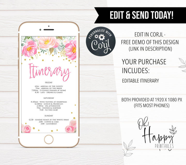 editable itinerary, blush floral bridal shower invitation, mobile bridal shower invitation, editable bridal invite, corjl bridal shower invite