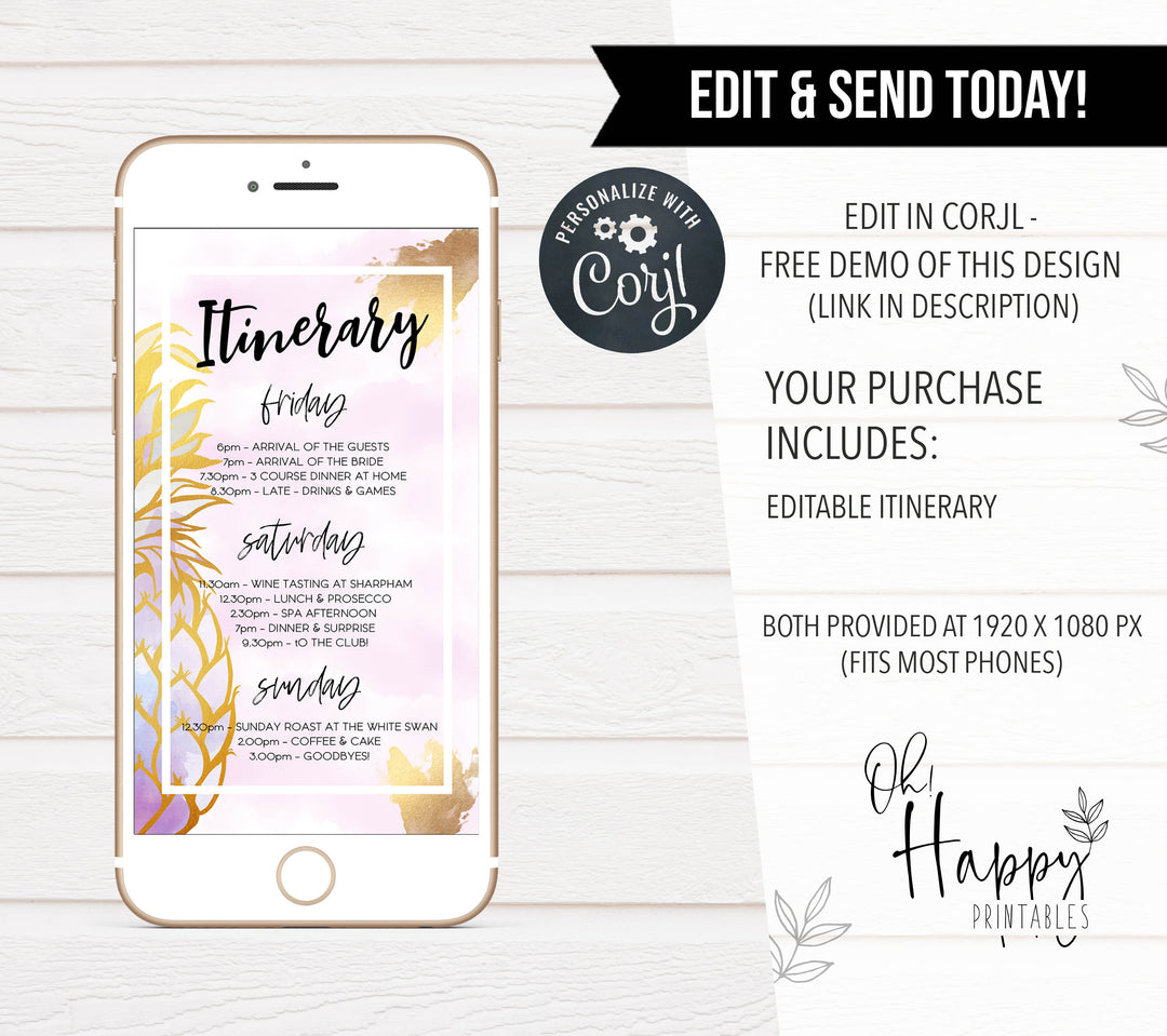 editable bridal shower itinerary, editable bachelorette itinerary, pineapple editable itinerary