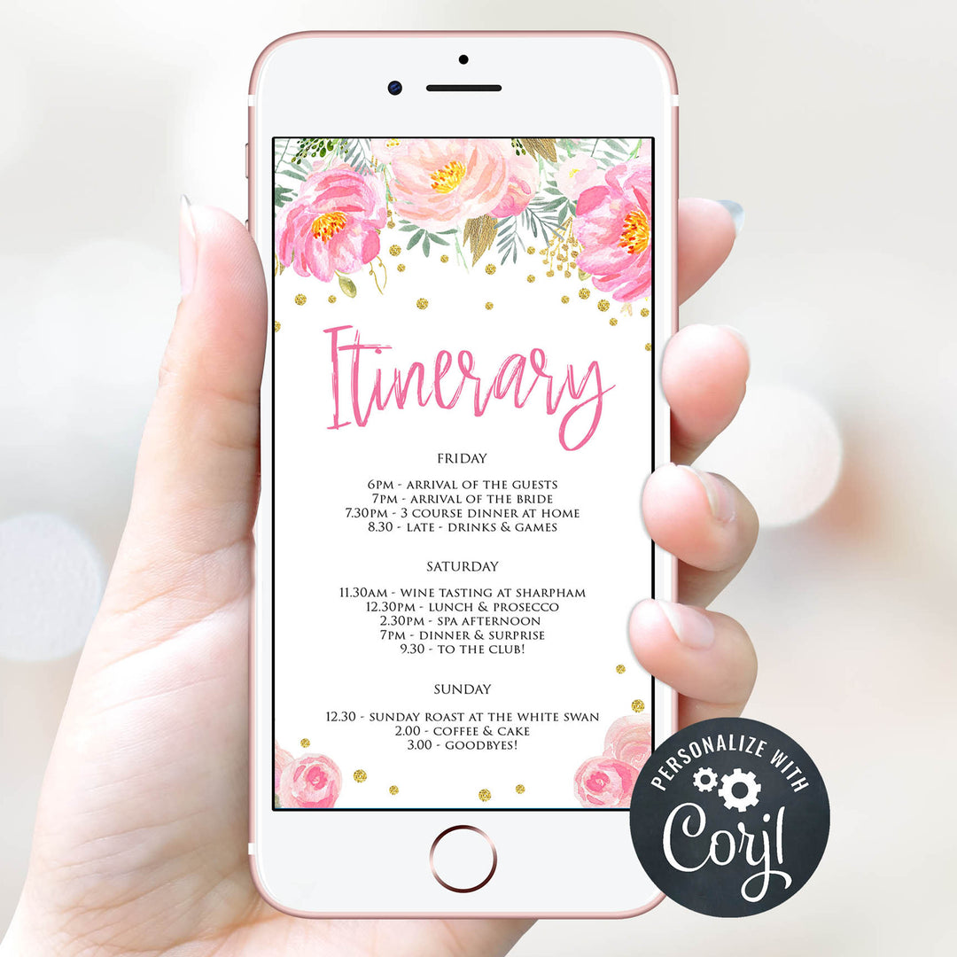editable itinerary, blush floral bridal shower invitation, mobile bridal shower invitation, editable bridal invite, corjl bridal shower invite